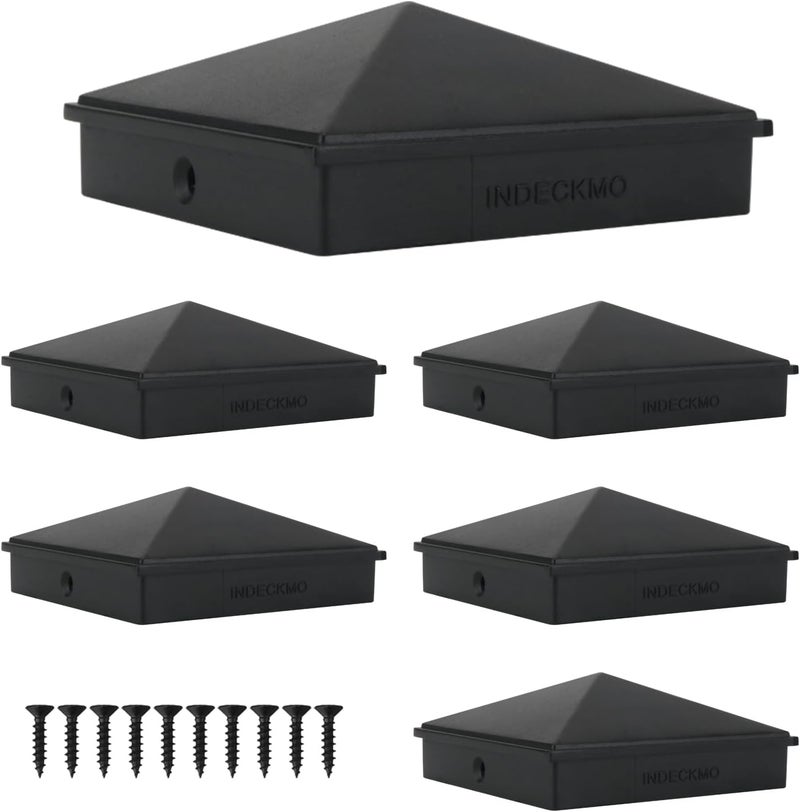 INDECKMO 4x4 Post Caps – Aluminum Pyramid Caps Fits 3.5" x 3.5" Wood Posts, Black Matte Post Covers for Fence, Deck, and Mailbox (6 Pack) - Image 1